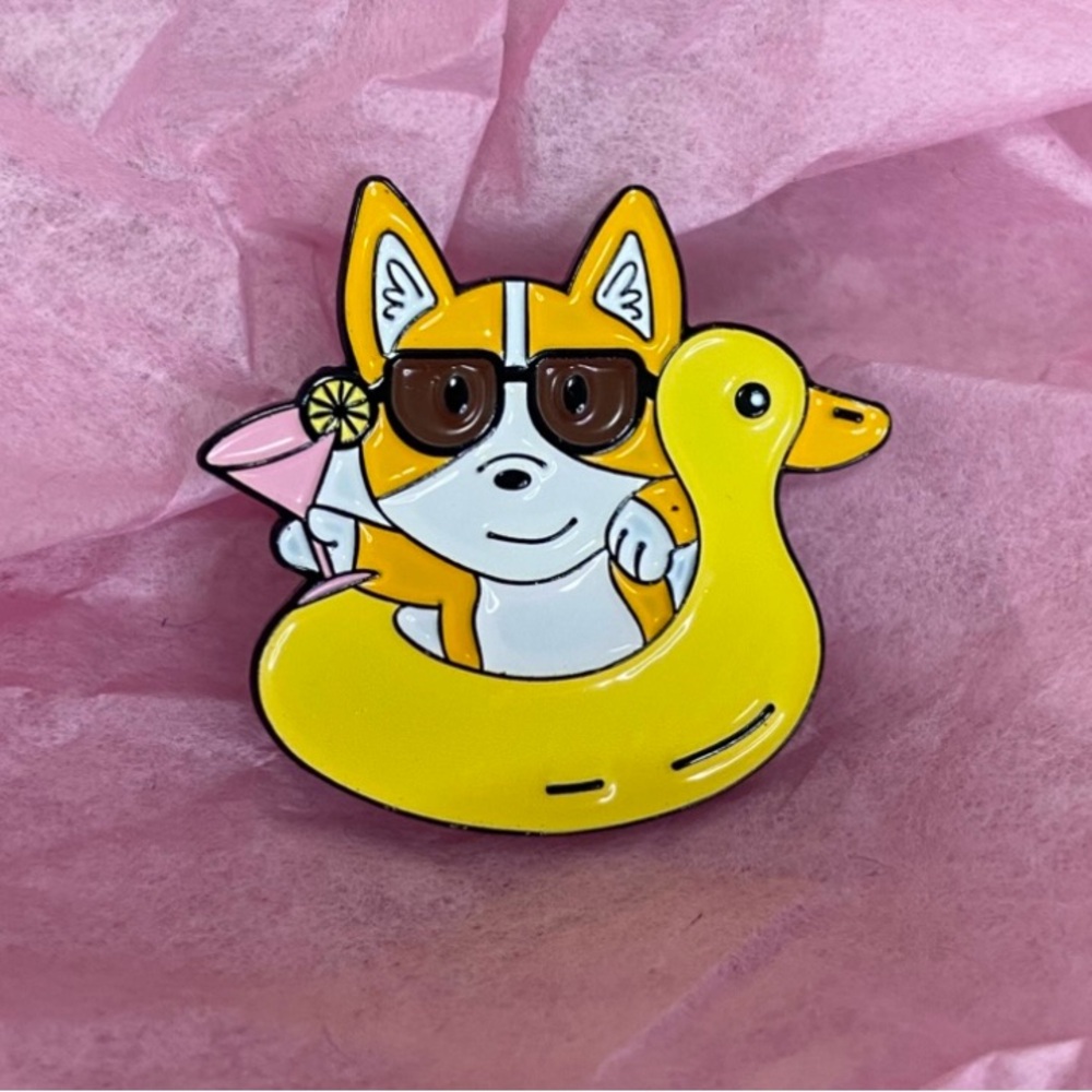 Corgi Dog with Duck Float and Martini Enamel Pin